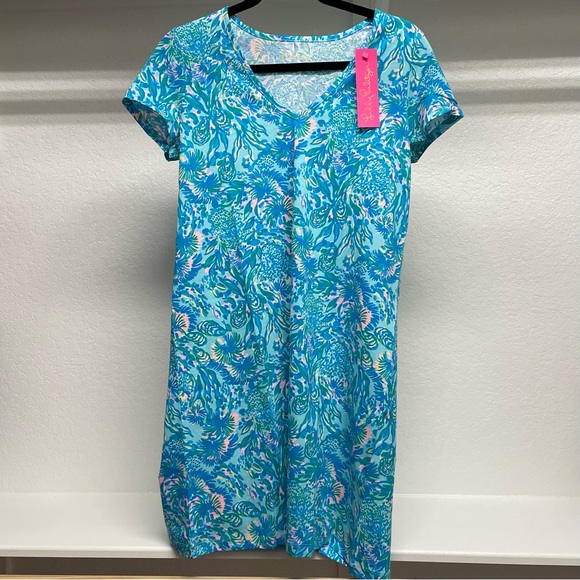NWT Lilly Pulitzer Etta V-Neck Dress Surf Blue Coral Of The Story Size Small - Picture 2 of 8